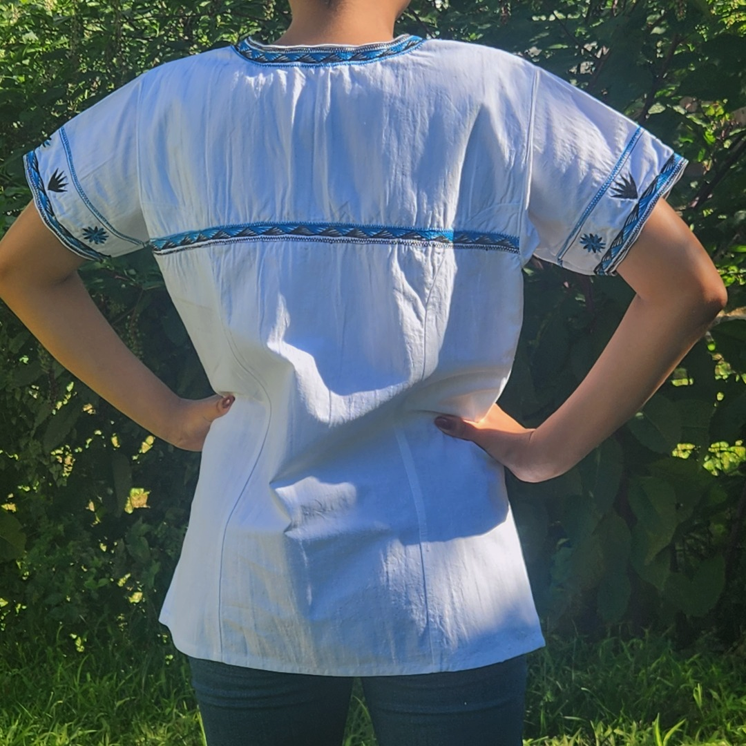 Handmade White short sleeve blouse with bright blue and black embroidery| Original Mexican Blouse