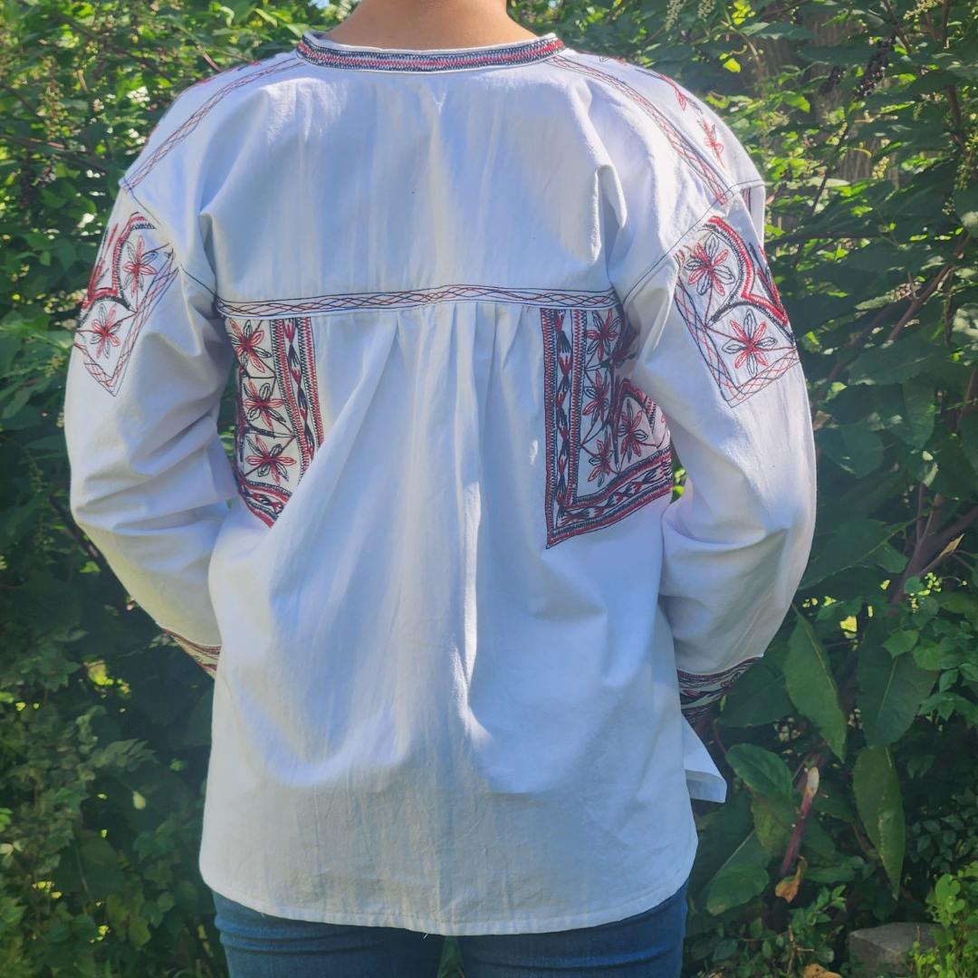 Handmade White long sleeve blouse with black and red embroidery| Original Mexican Blouse