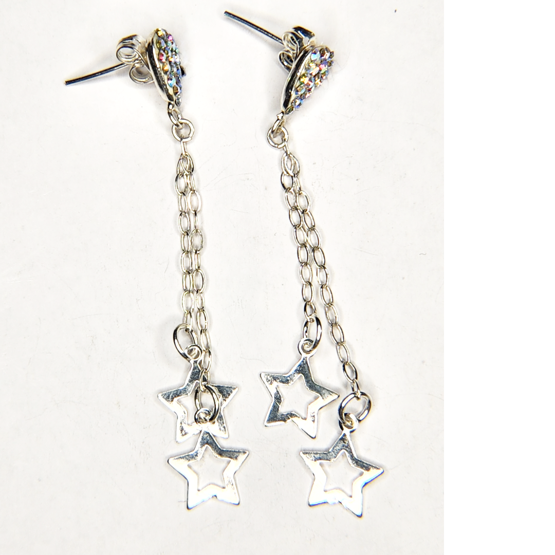 Women's Double Chain and Star Silver Earrings with a Drop full of Rhinestones