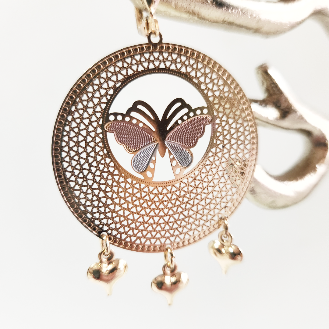Earrings 14k Gold Plated 3 tricolor Earrings | Dangle Butterfly Earrings | Hearth Earrings | Itsmeños Earrings | Back type Lever back | Filigree Earrings | Birthday gift.