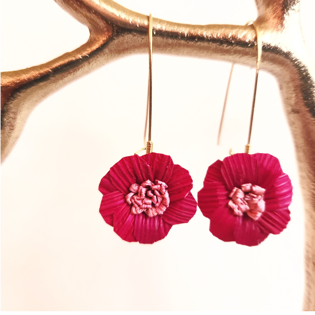 Handmade Corn Husk Earrings | Daisy Fuchsia Earrings | Birthday Gift