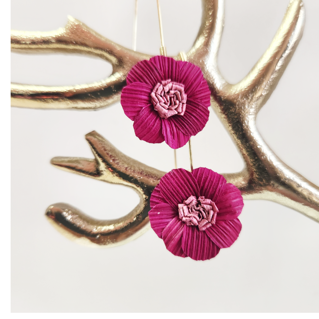Handmade Corn Husk Earrings | Daisy Fuchsia Earrings | Birthday Gift