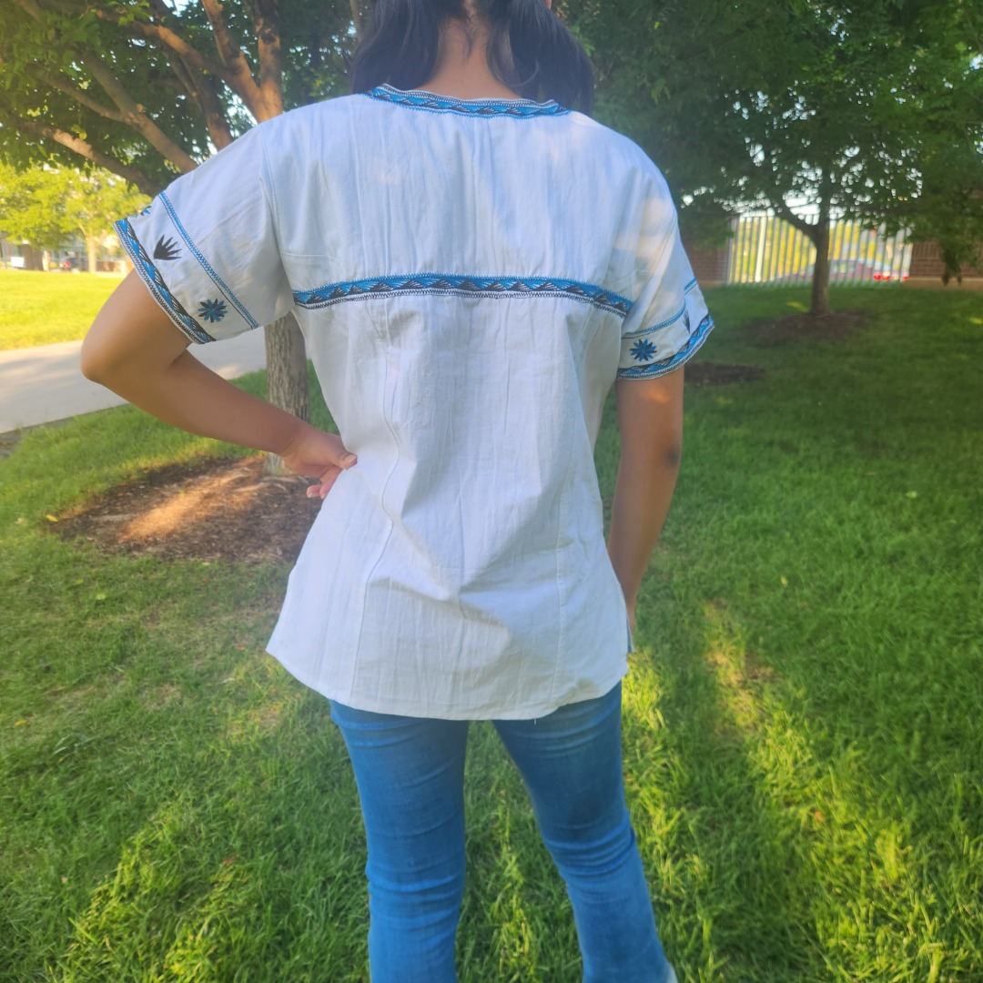 Handmade White short sleeve blouse with bright blue and black embroidery| Original Mexican Blouse