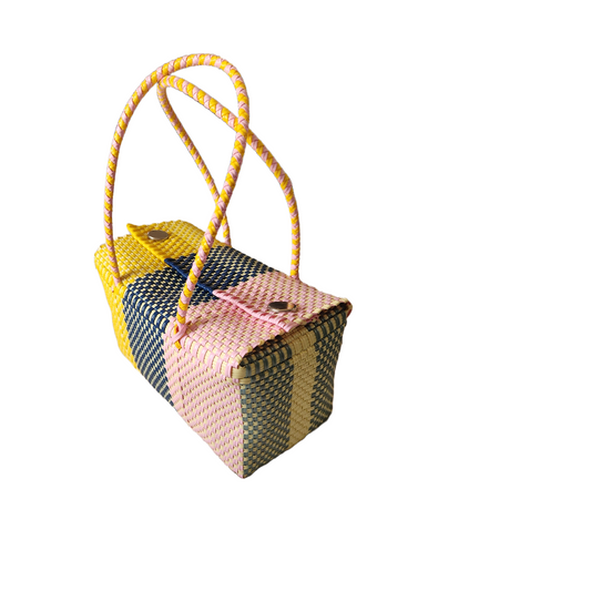 Barrel Bag |Small Valise |Women Lunch Bag|Eco Friendly Tricolor Pink Blue Yellow Handbag