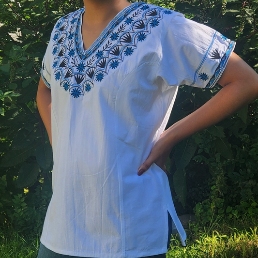 Handmade White short sleeve blouse with bright blue and black embroidery| Original Mexican Blouse
