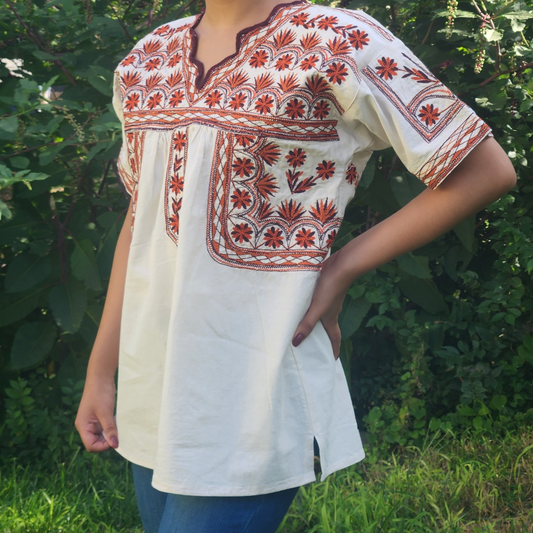 Handmade Ivory short sleeve blouse with orange and brown embroidery| Original Mexican Blouse