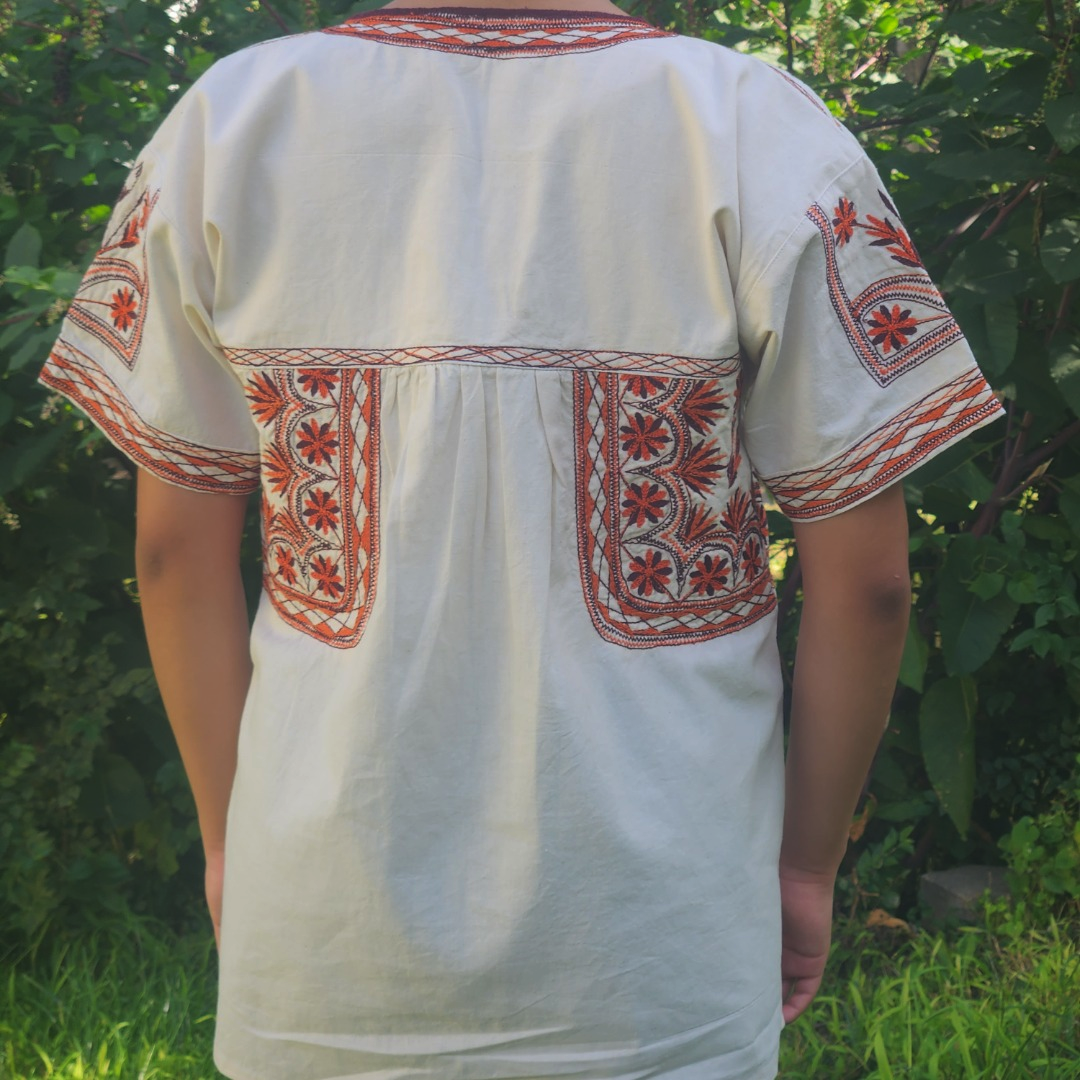 Handmade Ivory short sleeve blouse with orange and brown embroidery| Original Mexican Blouse