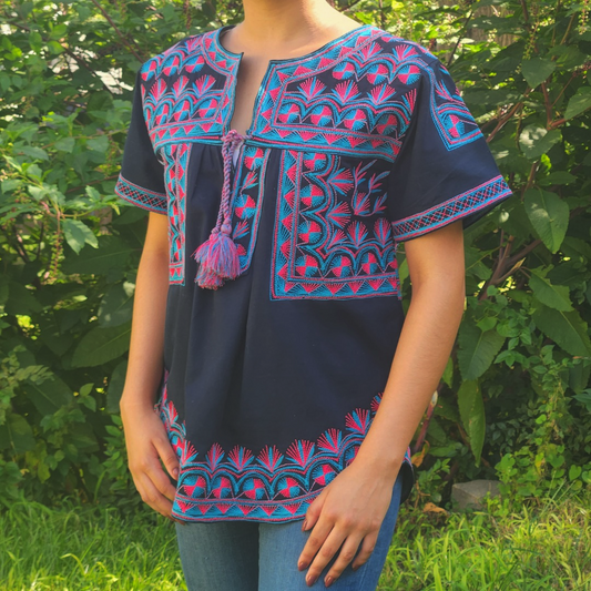 Handmade Navy short sleeve blouse with bright blue and fuchsia embroidery| Original Mexican Blouse