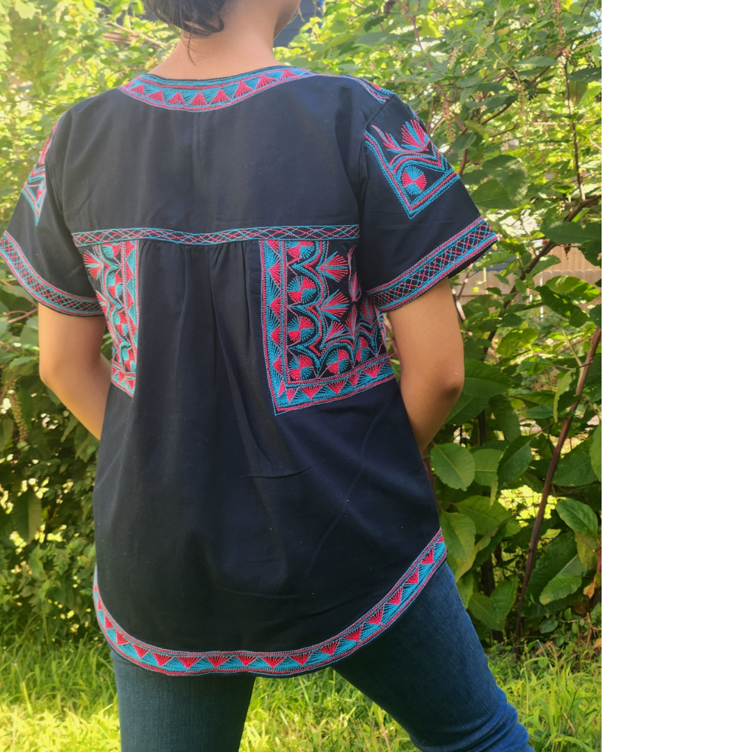 Handmade Navy short sleeve blouse with bright blue and fuchsia embroidery| Original Mexican Blouse