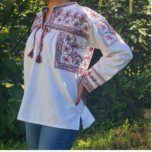 Handmade White long sleeve blouse with black and red embroidery| Original Mexican Blouse