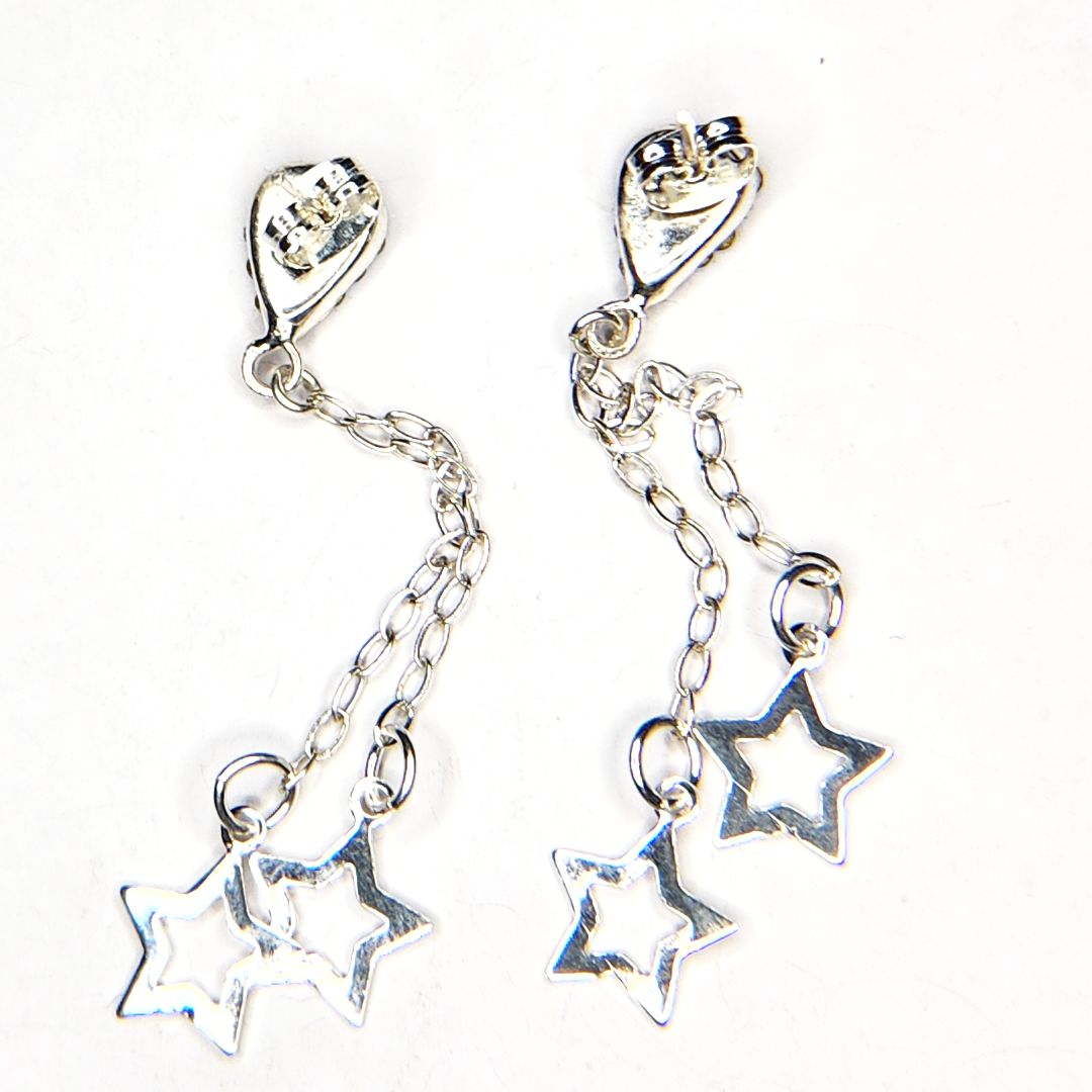 Women's Double Chain and Star Silver Earrings with a Drop full of Rhinestones