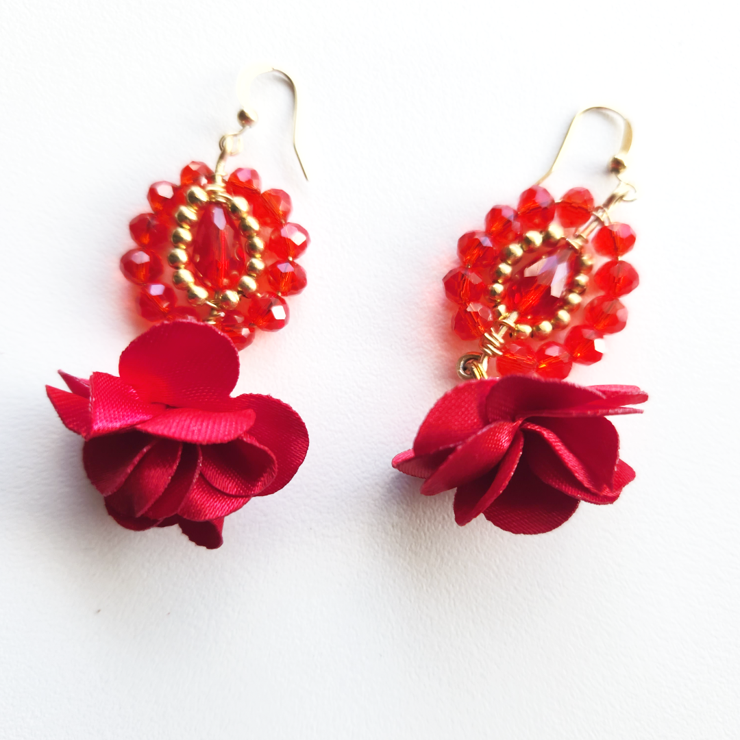 Crafted red Flower and red Beaded Earring