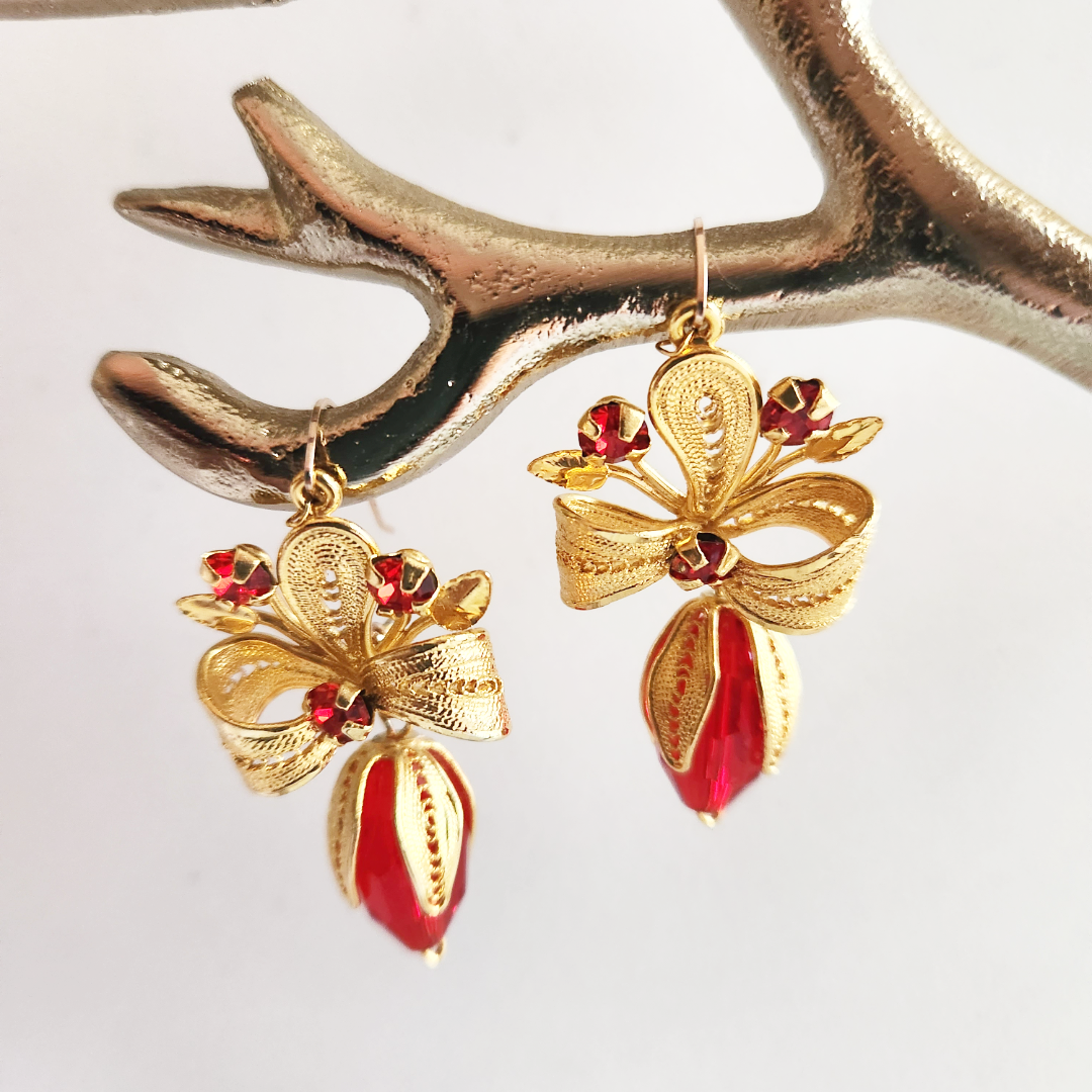 Earrings 14k gold Plated and Red Beads | Earrings bow | Birthday gift