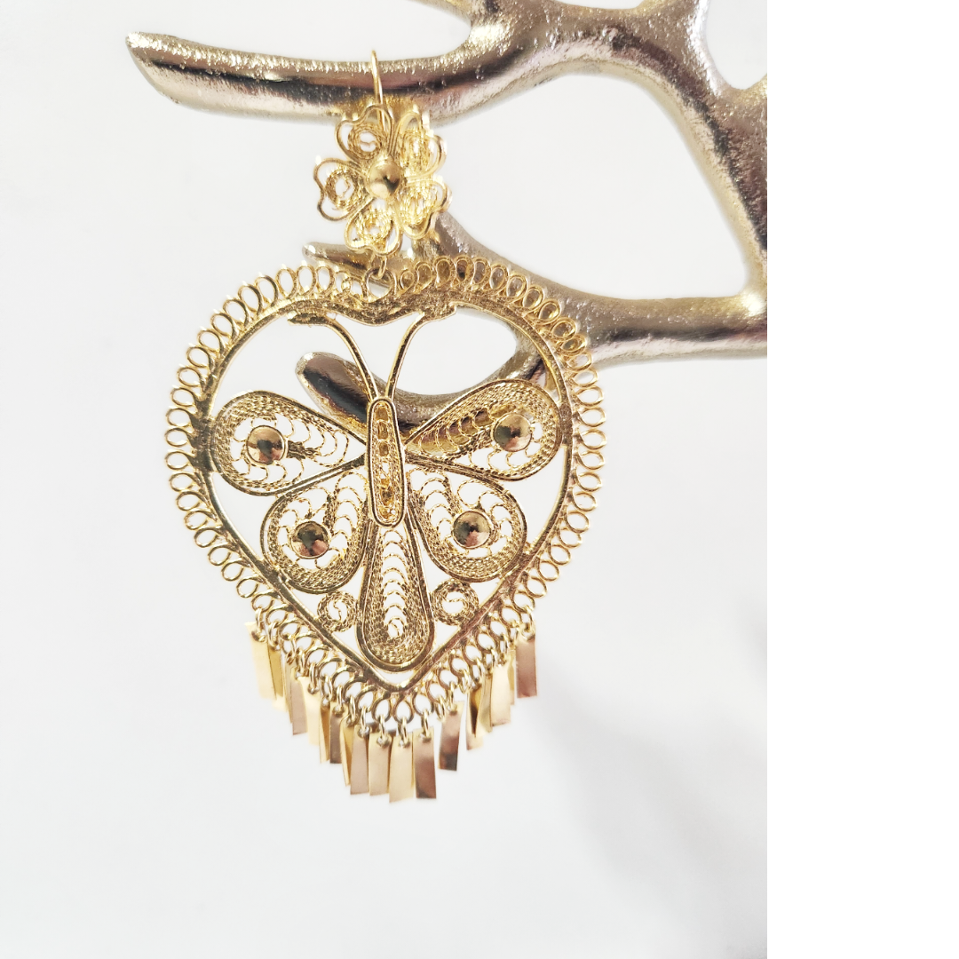 Earrings 14k Gold Plated Brass | Butterfly Earrings | Dangle Hearth Earrings | Filigree Earrings | Birthday gift