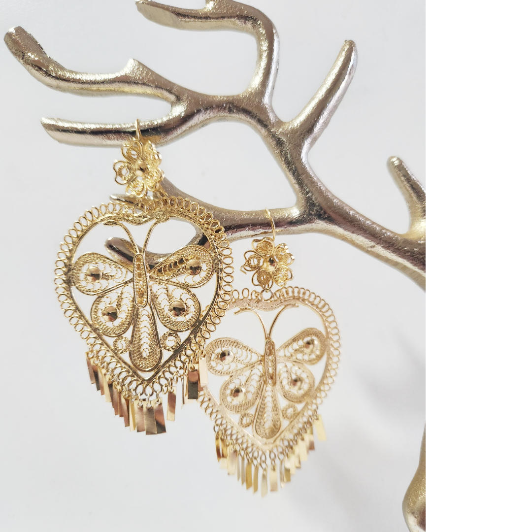 Earrings 14k Gold Plated Brass | Butterfly Earrings | Dangle Hearth Earrings | Filigree Earrings | Birthday gift
