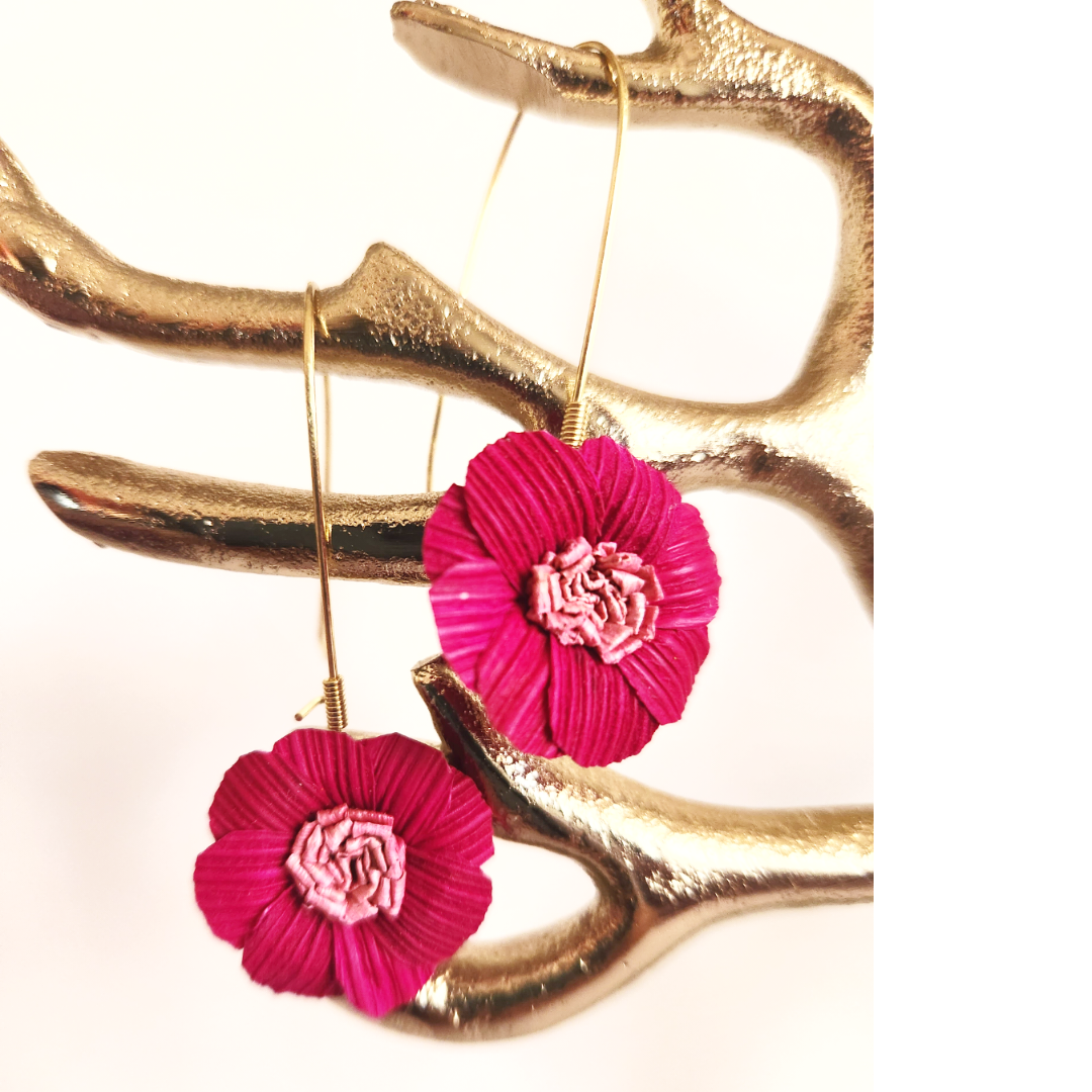Handmade Corn Husk Earrings | Daisy Fuchsia Earrings | Birthday Gift