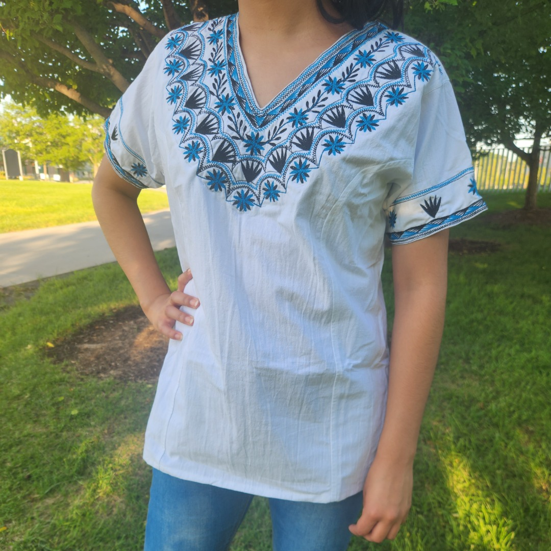 Handmade White short sleeve blouse with bright blue and black embroidery| Original Mexican Blouse